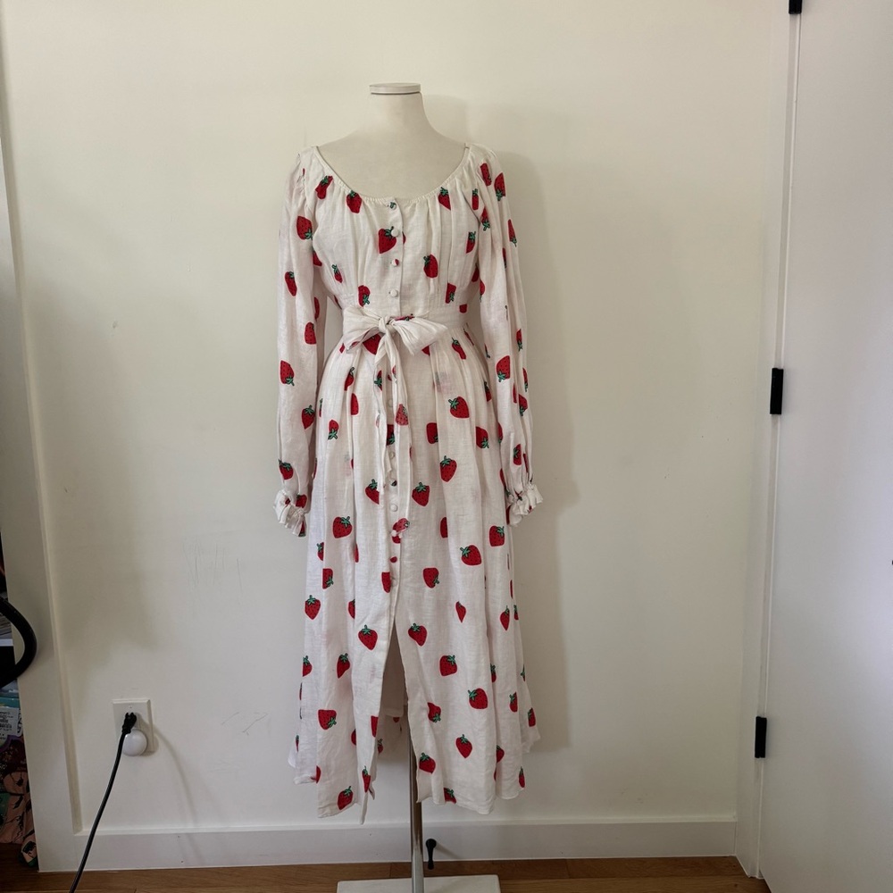 Gul Hurgel Strawberry Print White Midi Dress Linen M